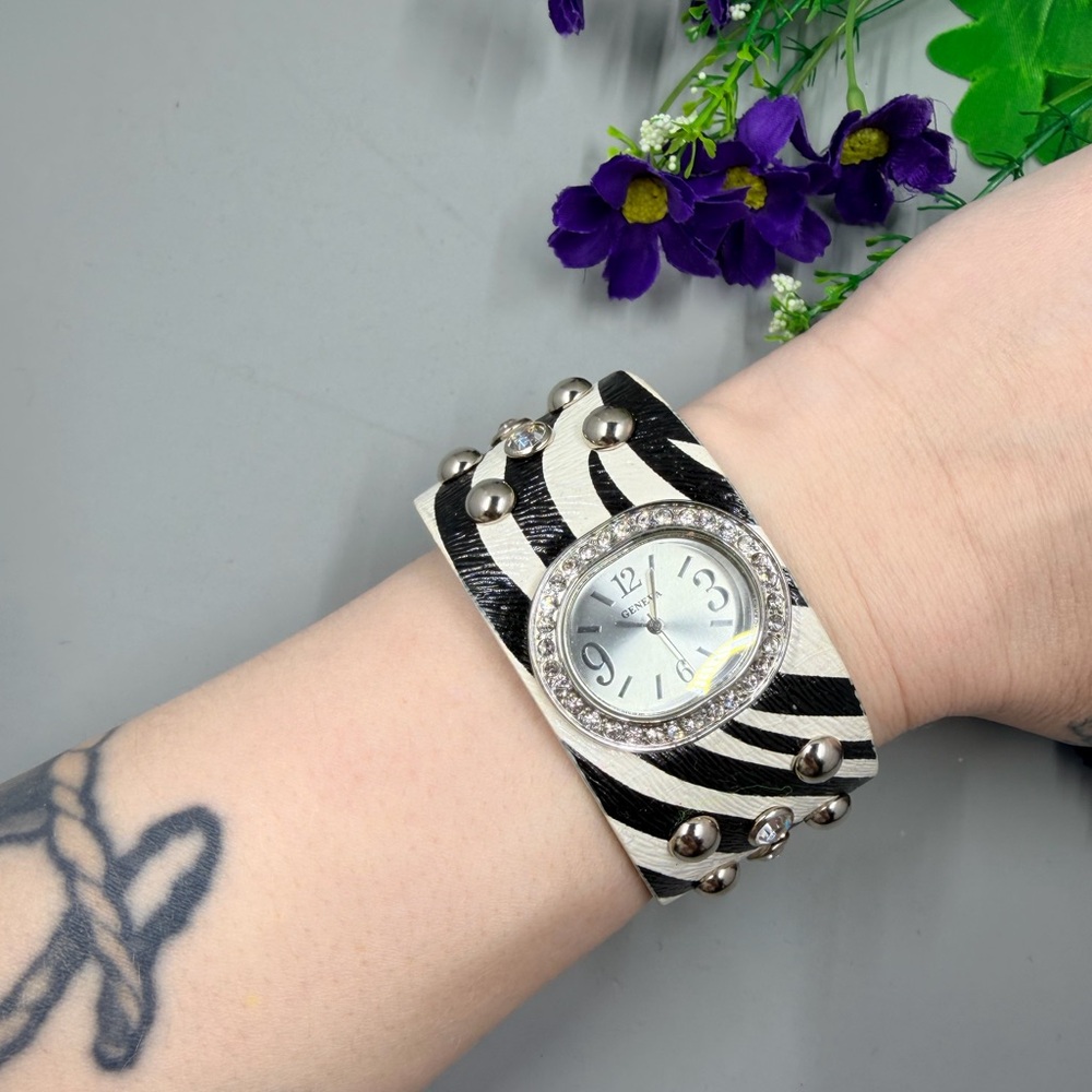 Geneva Brand Black and White Zebra Print Cuff Watch